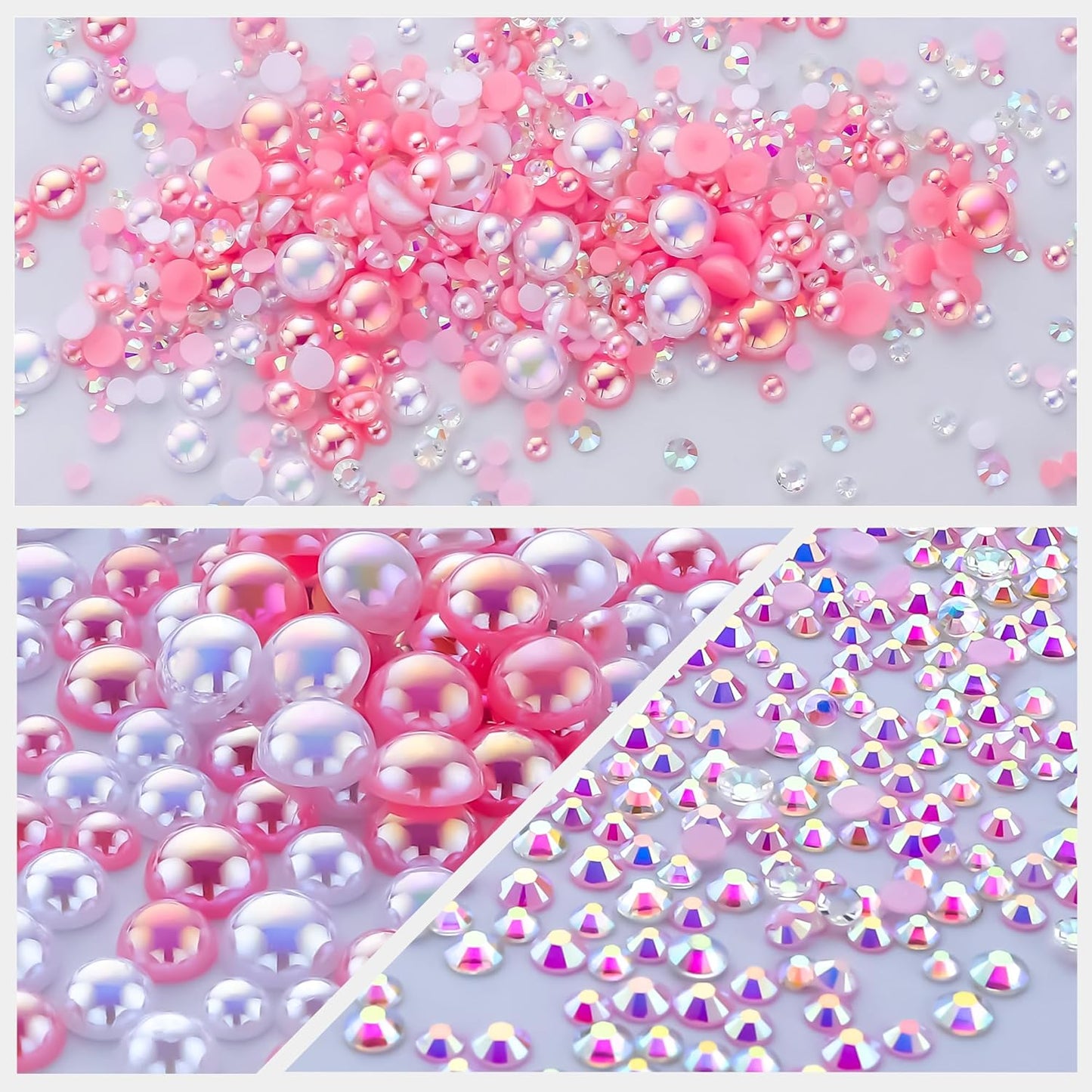 60g Light Pink White Pearl Rhinestones for Crafts Mixed Size 3mm-10mm AB Color Round Half Pearls Flatback Pearl Beads and Resin Rhinestones Set for Face Art with Gel
