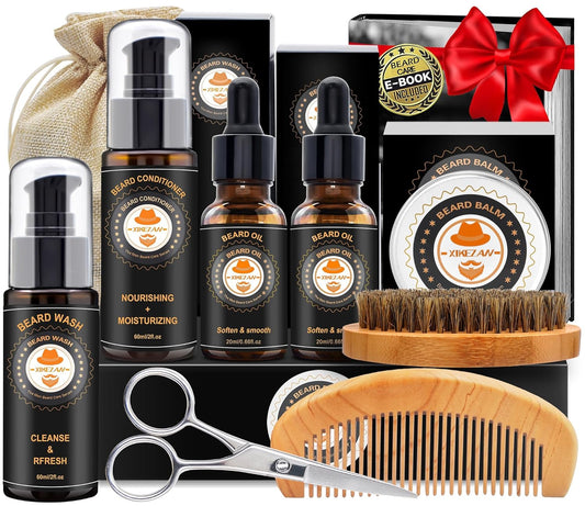 XIKEZAN Beard Kit for Men Care & Grooming with 2 Pack Beard Oils, Wash, Conditioner, Balm, Brush, Comb & Scissors, Birthday Gifts for Men Him,Valentines Christmas Gifts Mens Stocking Stuffers