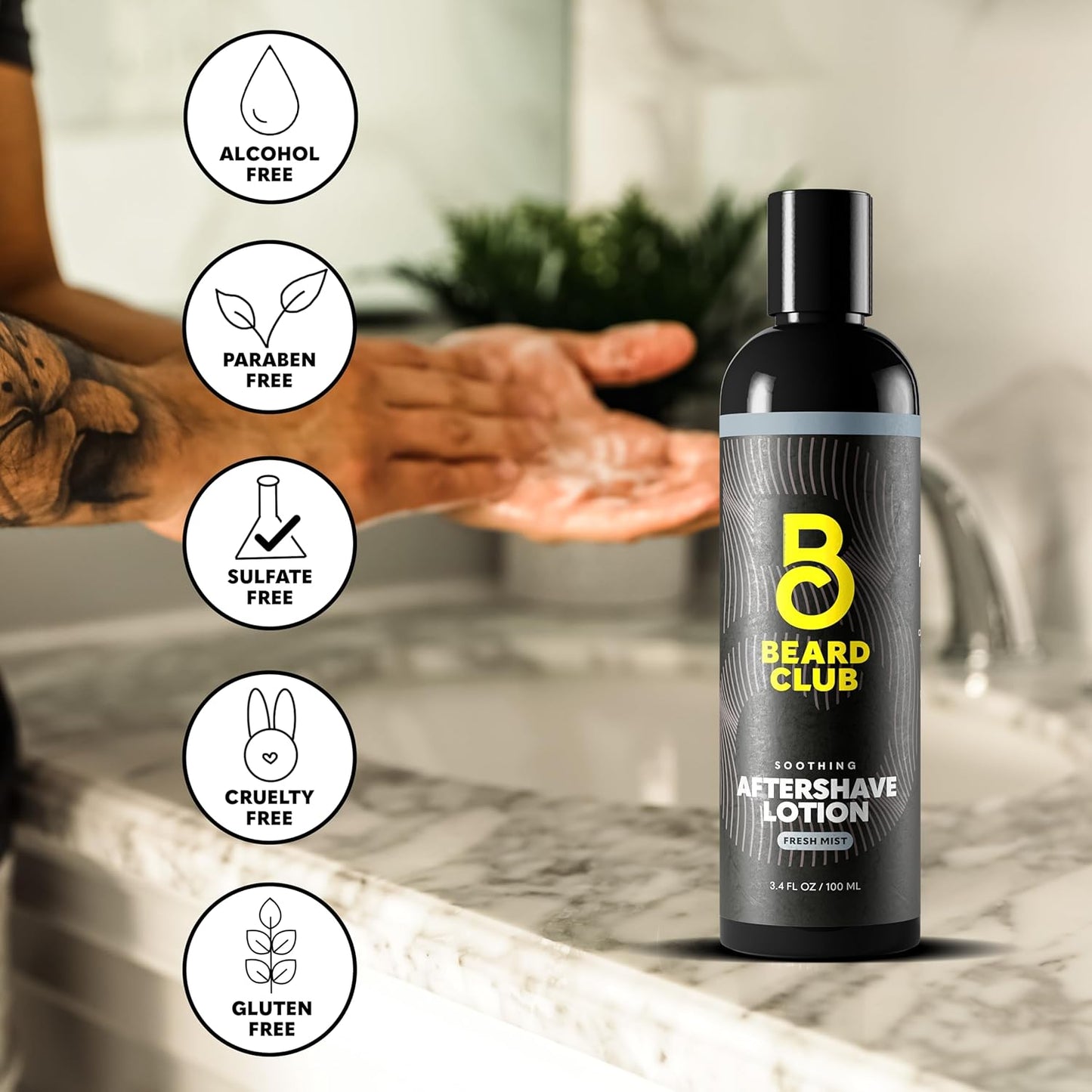 The Beard Club Aftershave for Men – Soothing After Shave Lotion for Men with Chamomile, Tea Tree Oil & Willow Bark – Post Shave Balm Calms Irritation, Prevents Razor Burn & Bumps - 3.4 Fl Oz - 1 Pack