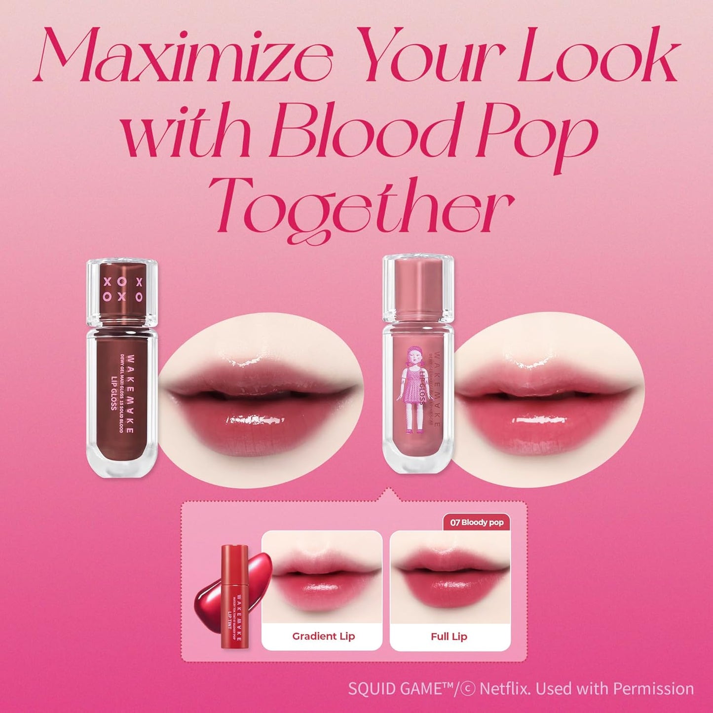 WM X NETFLIX SQUID GAME Dewy Gel Maxi Gloss 15 Solid Blood Set (+Watery Tok Tint Mini 7 Bloody Pop), lips, korean lip
