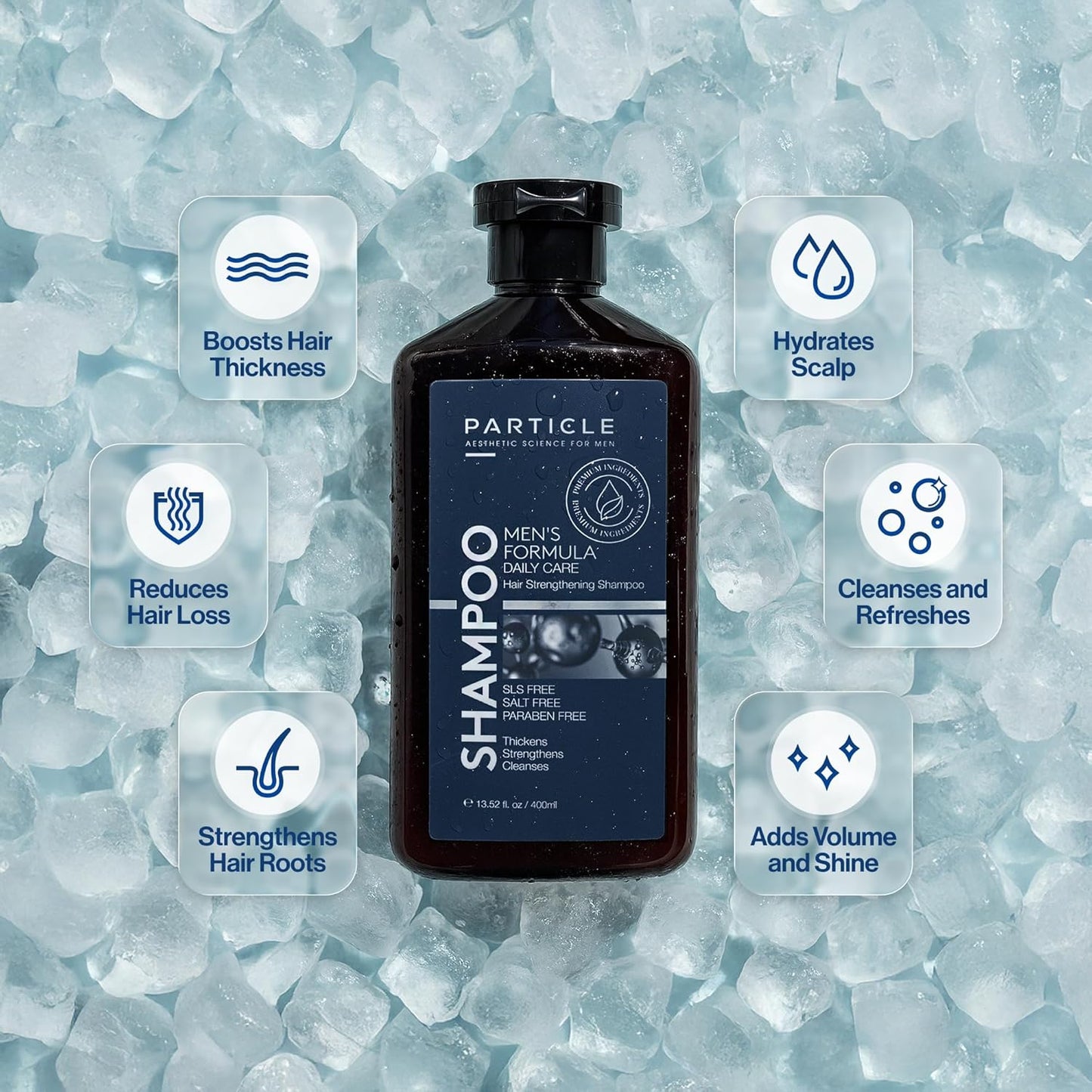 Particle Hair Thickening Shampoo for Men, Men’s Shampoo, Cleansing Formula Made with Biotin, Capixyl, Redensyl, Ginseng and Green Tea Extract for Hair Strength Support, Paraben Free, 400 mL