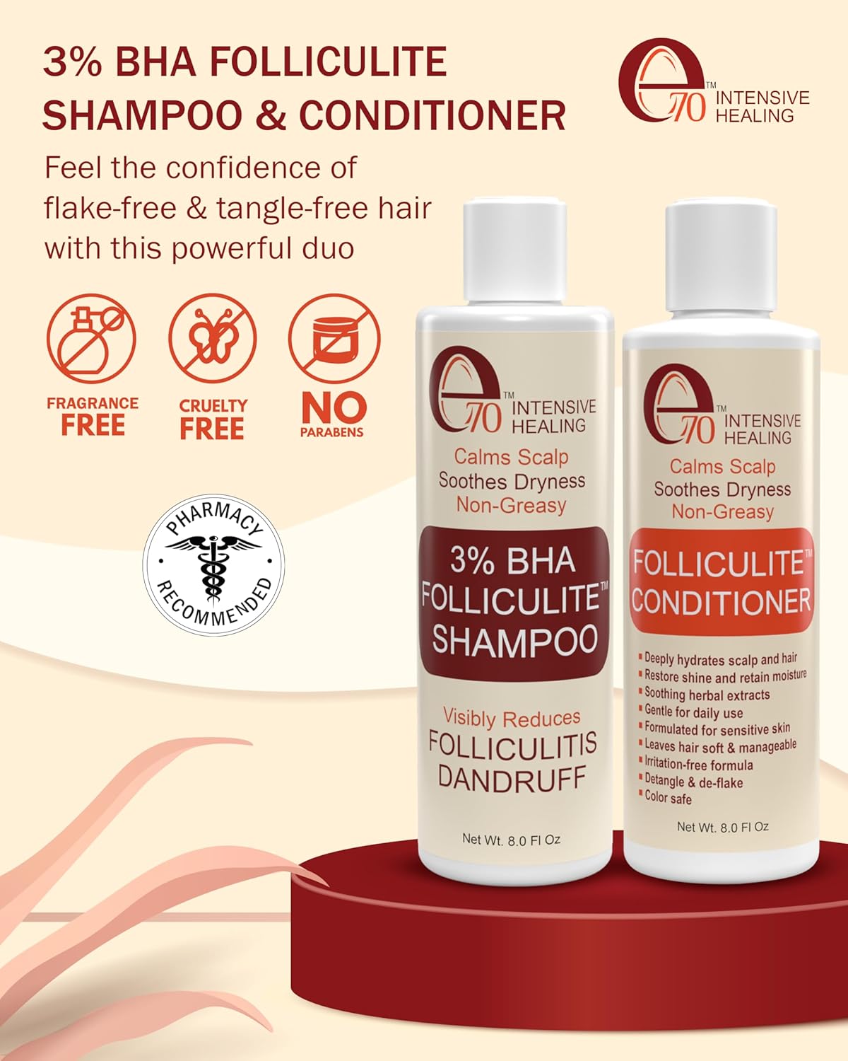 Folliculitis Treatment Shampoo and Conditioner with 3% BHA, Salicylic Acid, Aloe Vera & Tea Tree Oil - Anti Itch Shampoo for women & men with Flaky Scalp Treatment Acne, Made in USA by e70, 8 fl oz