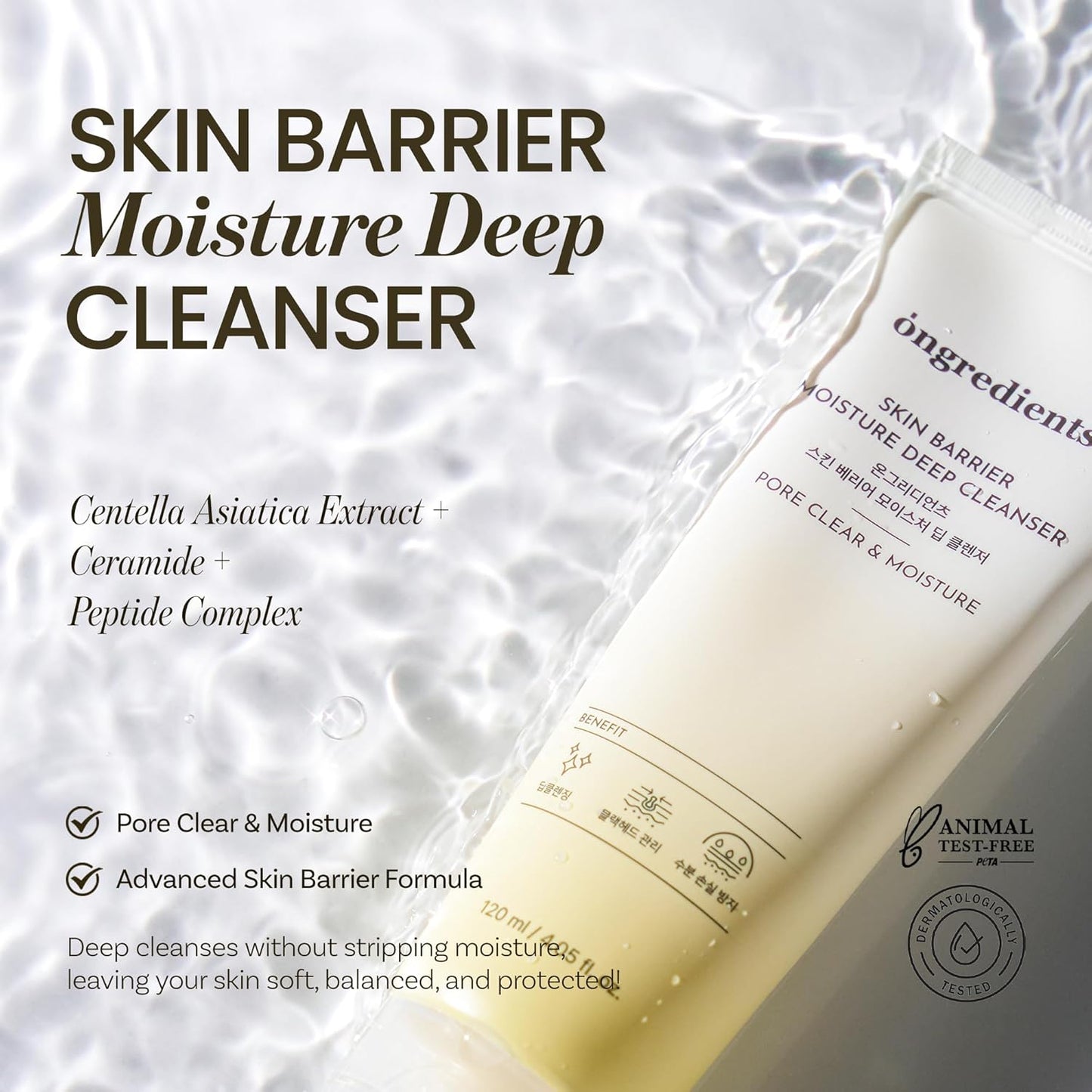 ONGREDIENTS Skin Barrier Moisture Deep Cleanser | Daily Face Wash for All Types | Centella, Peptide, AHA, LHA, Hydrating, Soothing, Pore Tightening | Vegan, Korean Skin Care 4.06 fl Oz