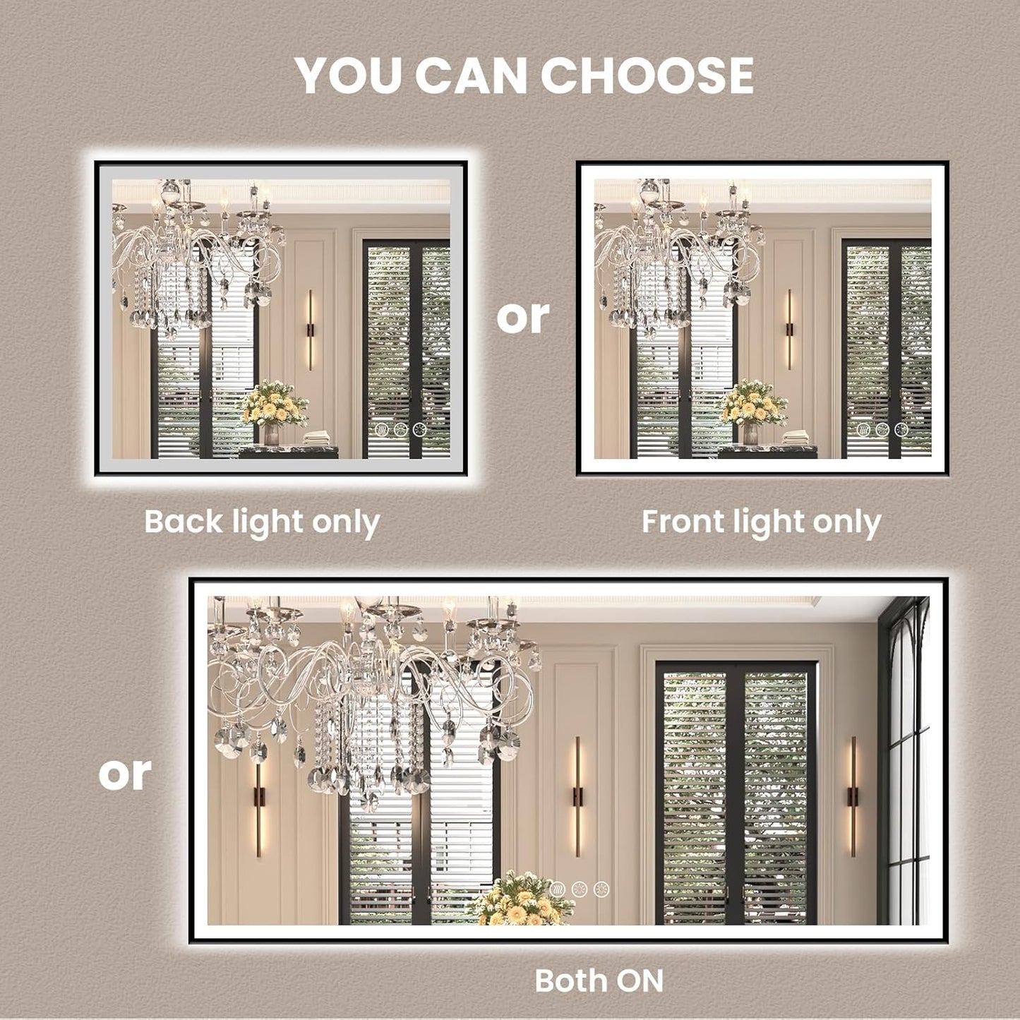 Amorho 60" X30" LED Bathroom Mirror with Black Frame, Front Light and Backlit(Controlled Separately), Stepless Dimmable, Anti-Fog, Shatter-Proof, 3 Colors, Memory