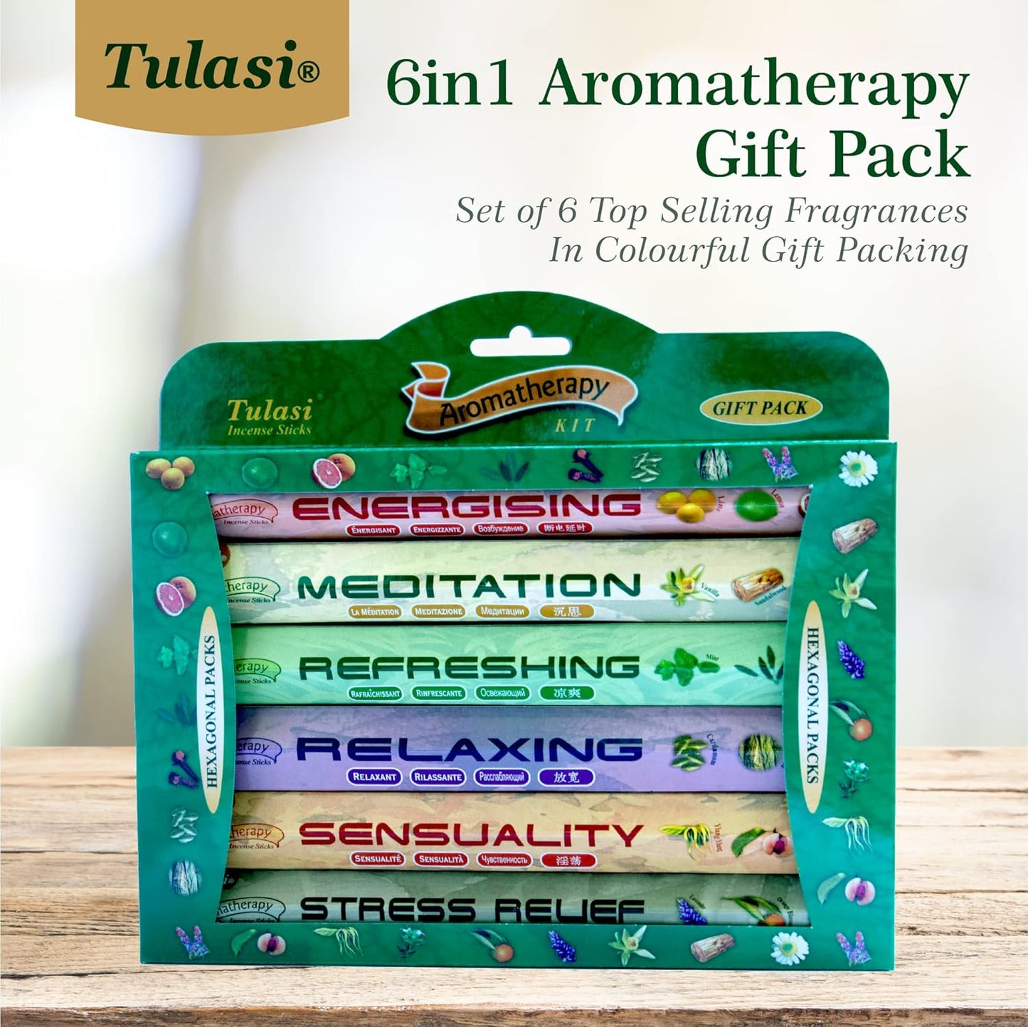Tulasi Premium Aromatherapy Incense Sticks - Energising, Relaxing, Refreshing, Sensuality, Meditation & Stress Relief Mixed Scents, Hand Rolled with Natural Oils 120 Incense Sticks, 6 in 1 Gift Pack