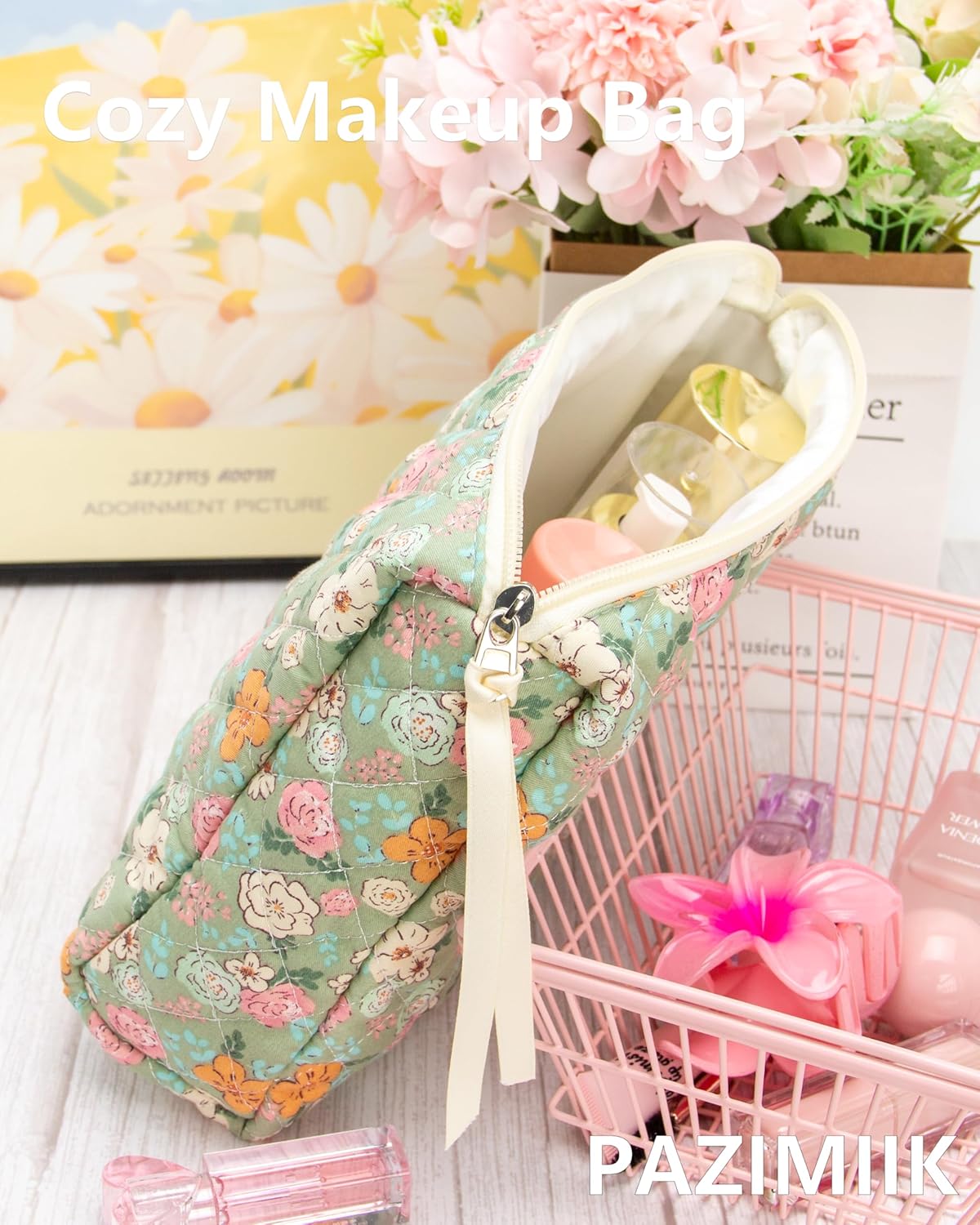 PAZIMIIK 3PCS Makeup Bag SET Large Travel Quilted Zipper Soft Cosmetic Case Pouch for Women Girls Make Up,Green Flower