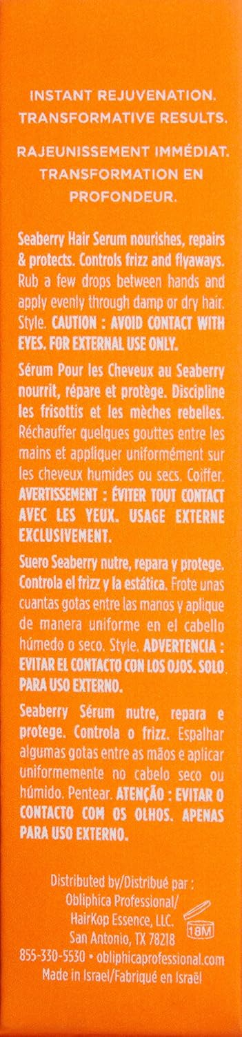 Obliphica Seaberry Leave in Hair Serum for Fine & Medium Hair - Vitamins and Omegas for Frizz Free & Nourished Hair - Hair Serum for Dry Hair and Growth - 2.2 Fl Oz