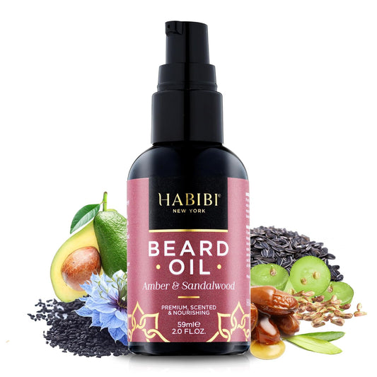 H HABIBI Amber & Sandalwood Beard Oil – 2.0 Fl. Oz Naturally Derived Beard Growth Oil for Men, Beard Care Essential – Hydrates, Nourishes & Promotes Healthy Growth, Made in USA