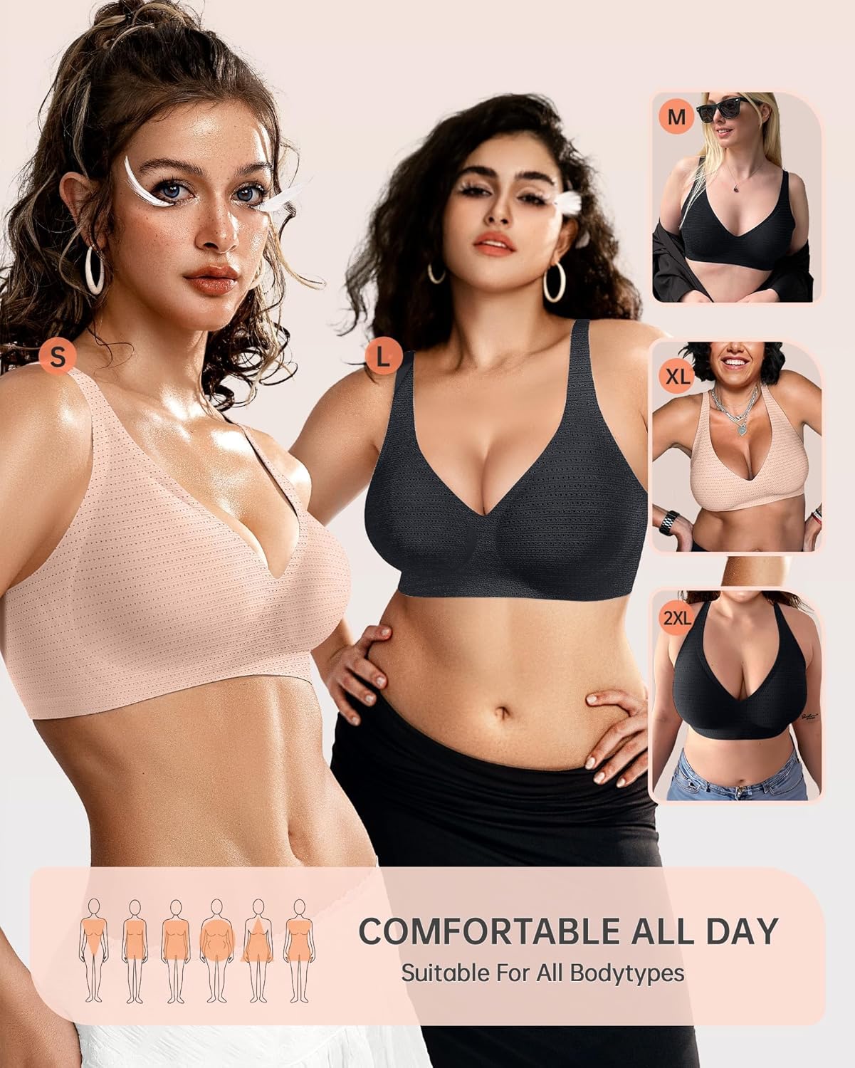 OEAK Womens Deep V Bras Wireless Comfortable Bra Supportive No Underwire Bras Tshirt Push Up Bralettes Plunge Seamless Bra