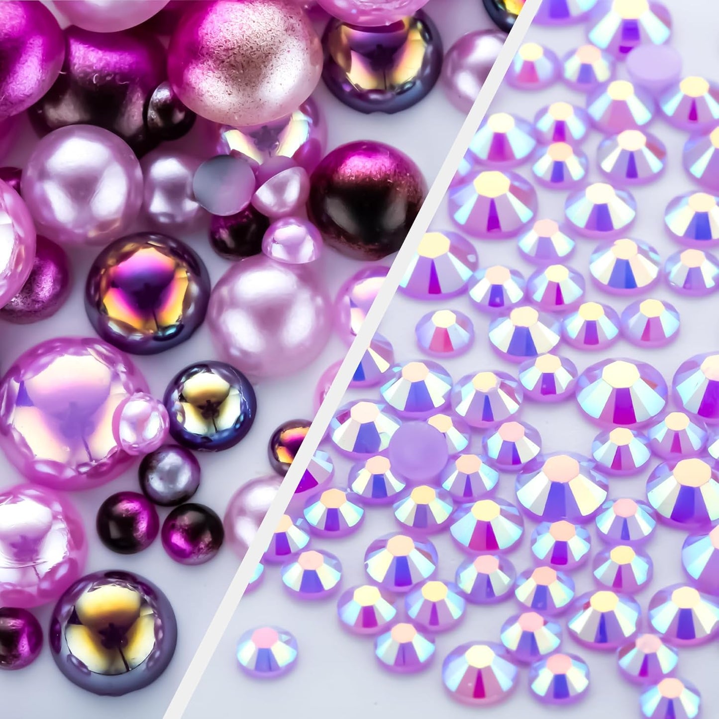 60g Purple Flat Back Pearls Rhinestones for Crafts Mixed Size 3mm-10mm AB Color Round Half Pearls Flatback Pearl Beads and Resin Rhinestones Set for Face Art with Gel