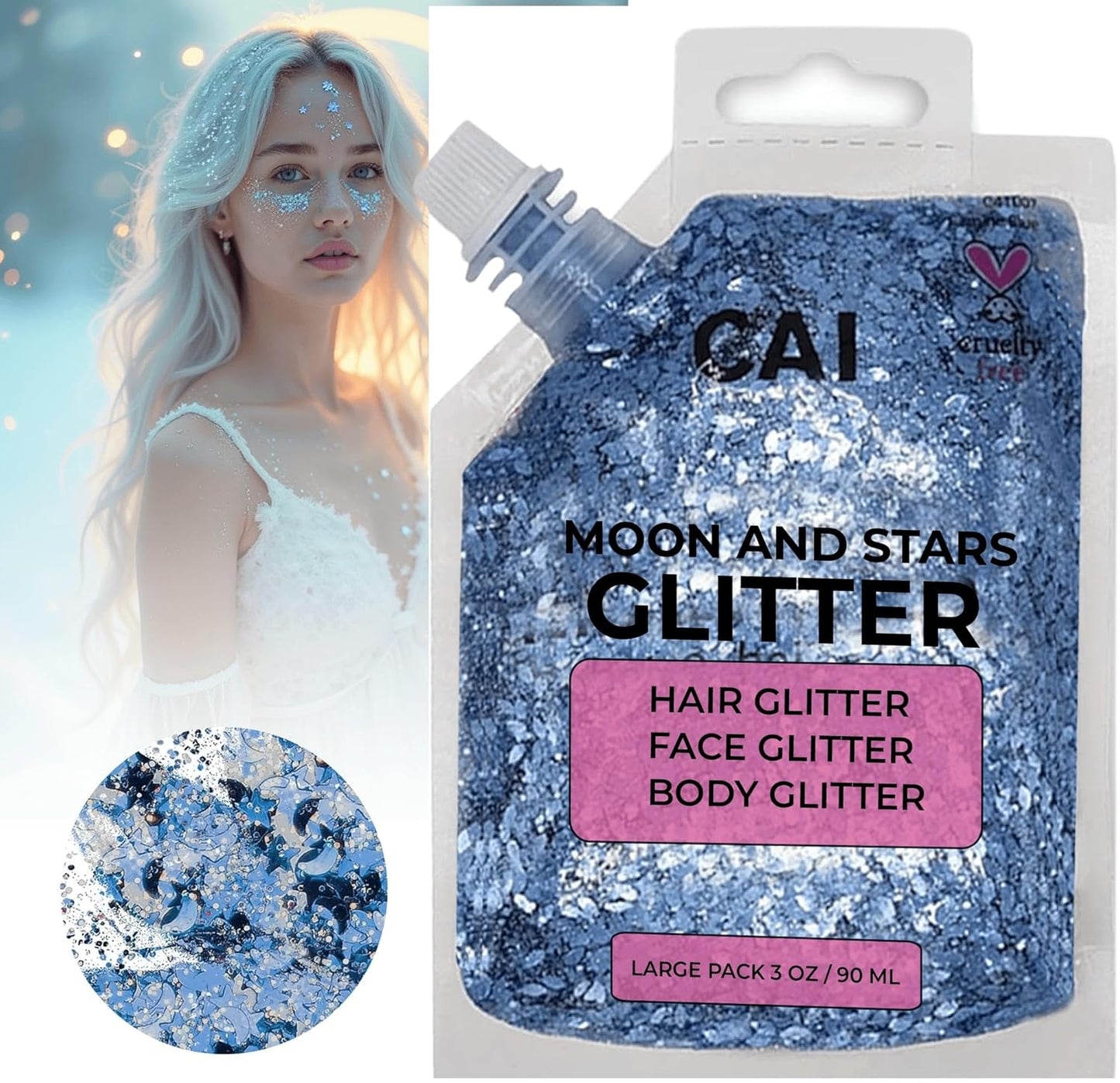 Face, Body & Hair Glitter Gel – Halloween Glitter for Kids and Women – 3 Oz Cosmetic-Grade Gel w/Moon & Stars for Festivals & Halloween Party, Easy Apply & Wash Off - Blue 1Pack