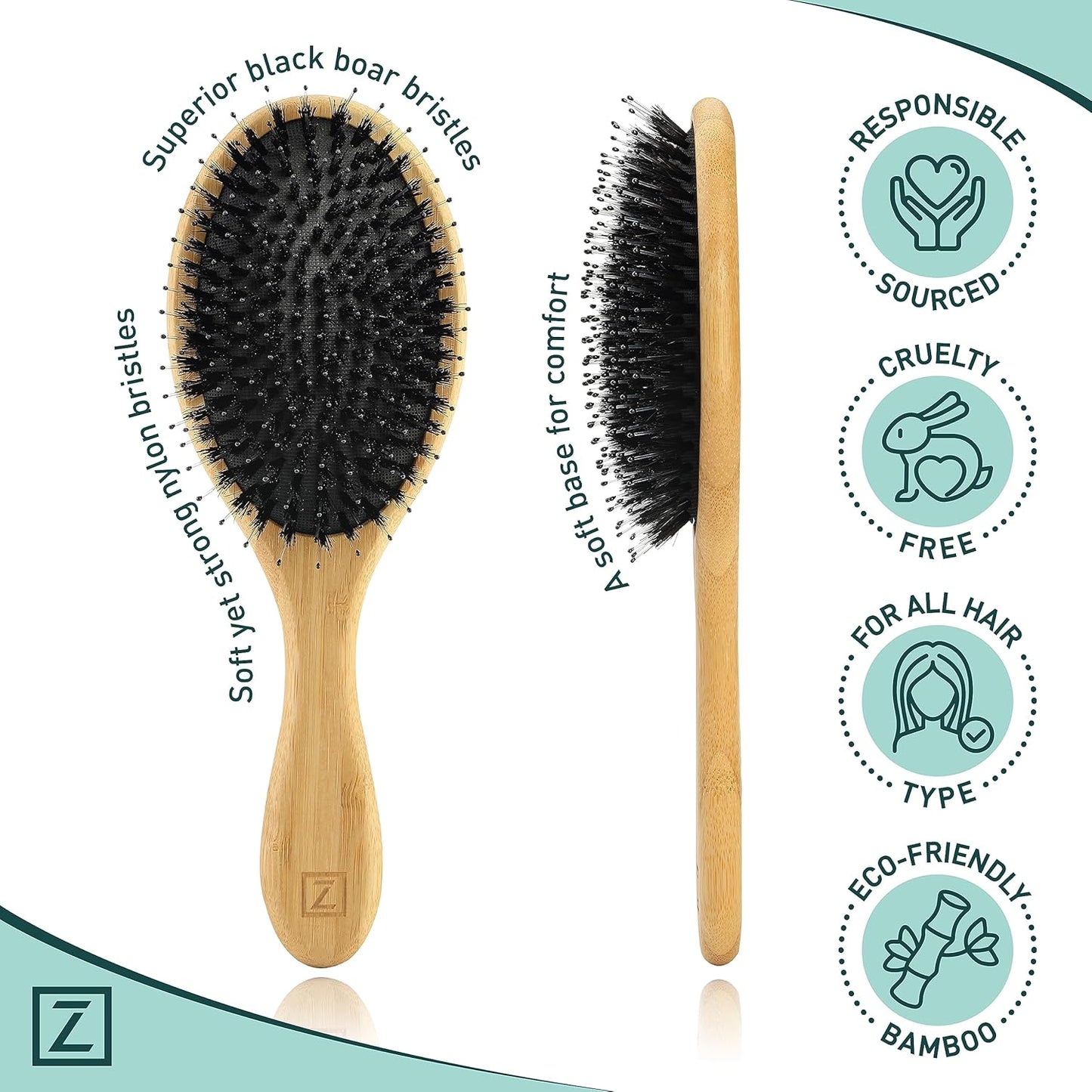 Natural Boar Bristle Hair Brush & Mini Hair Brush Set for Women, Men, Kids; Dry and Wet Detangling Hair Brush Gently Enhances Shine, Great for travel or to keep in your bag