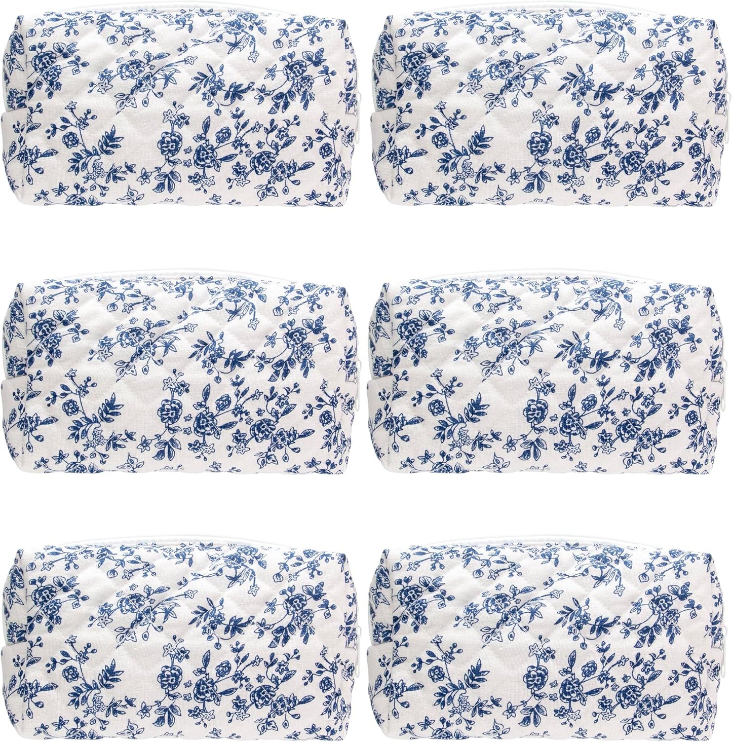 PAZIMIIK 6PCS Vintage Quilted Makeup Bag SET Cosmetic Pouch for Brushes Pencils and Travel Make Up Accessories for Women and Girls Jouy Blue