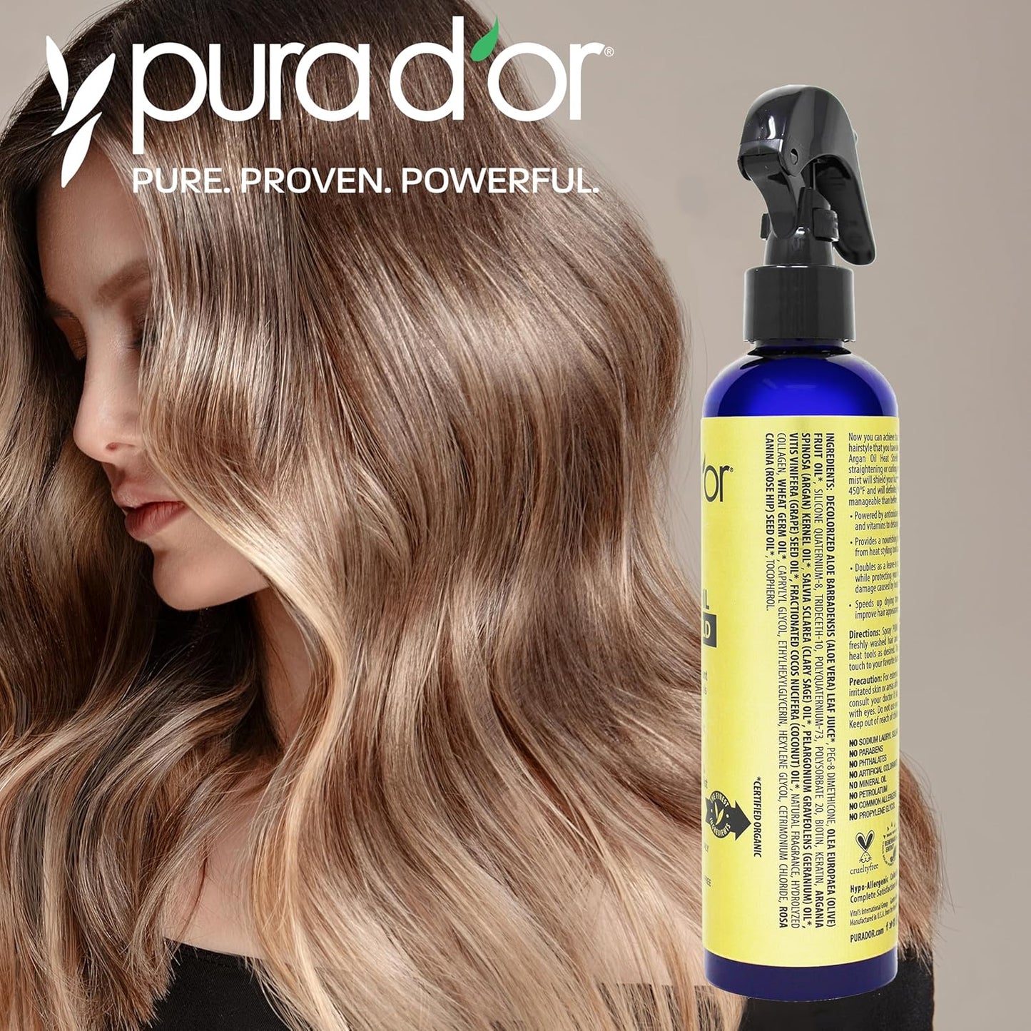 PURA D'OR 8 Oz Argan Oil Heat Shield Protectant Spray with Select Organic Ingredients, Protects Up To 450º F From Flat Iron & Hot Blow Dry, Leave-In, Define & Shine Dry & Damaged Hair