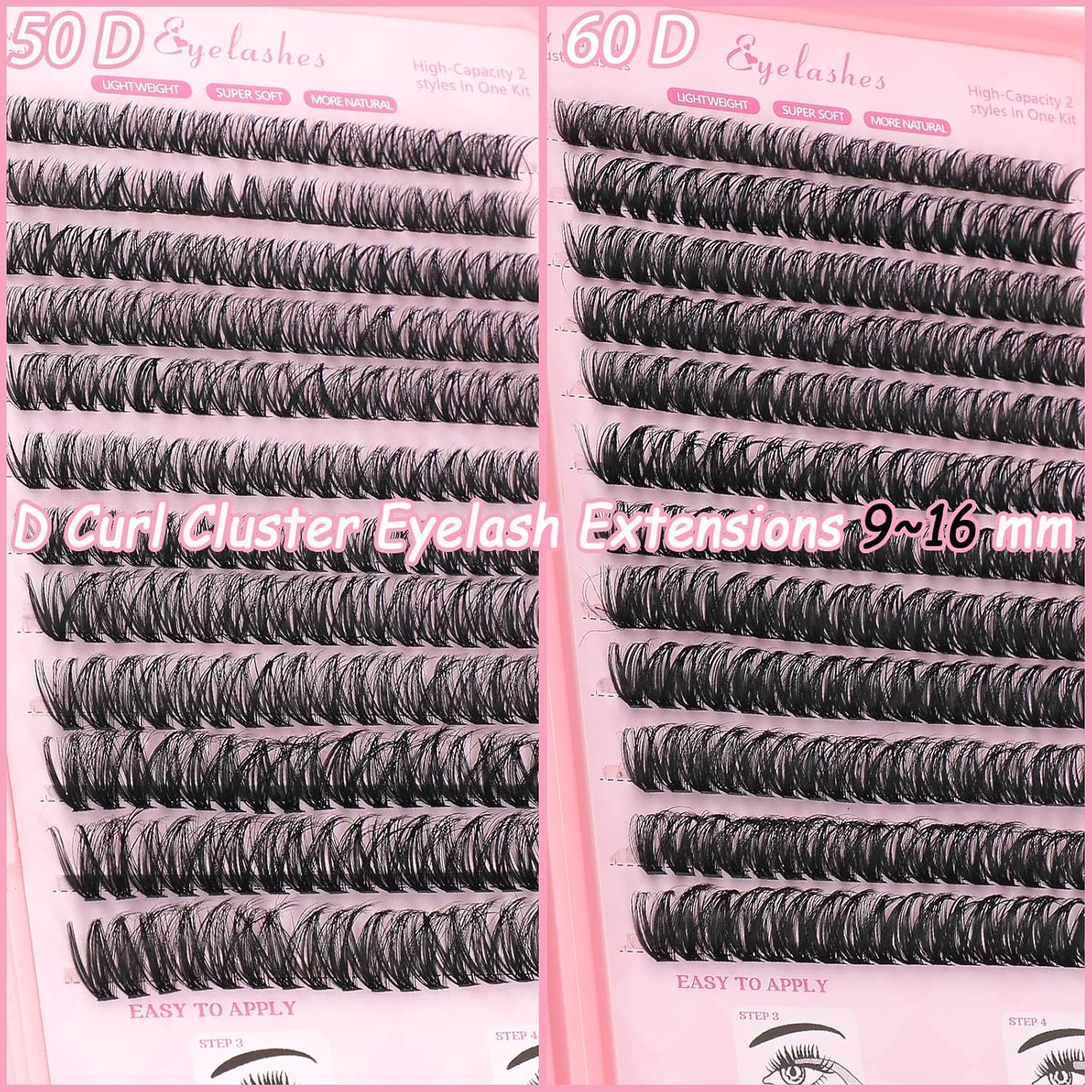 Lash Clusters Kit, Eyelash Clusters Individual Lash Extension Kit 480 Pcs D Curl Fluffy Wispy False Eyelashes Extensions Thin Band with Bond Seal Tweezers Brush Remover (50D+60D Kit 9-16mm)