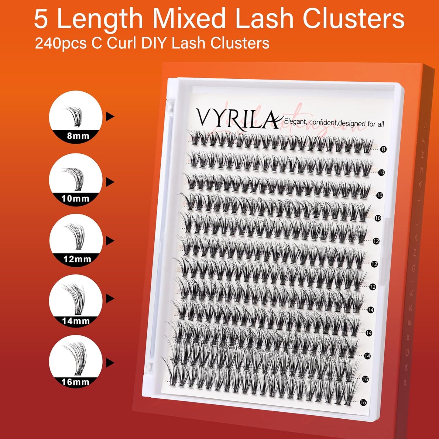 Lash Cluster 240pcs Individual Lashes,8-16mm Diy Lash Extension,C Curl Lash Clusters Wispy,3D Natural Lash Clusters Look Like Eyelash Extension DIY at Home (Orange 30P-C-8-16mix)