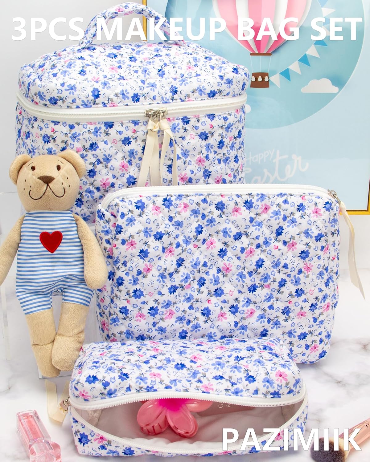 PAZIMIIK 3PCS Makeup Bag SET Large Travel Quilted Zipper Soft Cosmetic Case Pouch for Women Girls Make Up,Floral Blue