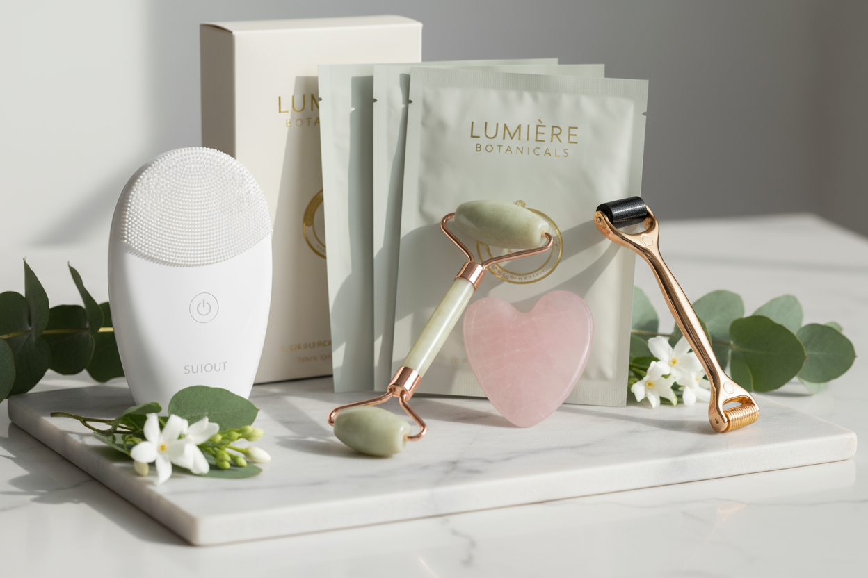 Facial rollers, masks, and beauty tools that nourish your skin.  (make it real photo)